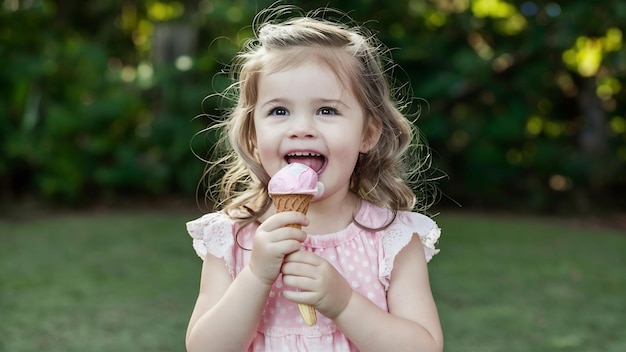 Una niña feliz de tres años comiendo helado.