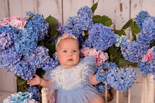 Niña feliz en un vestido con flores de hortensias rosas y azules