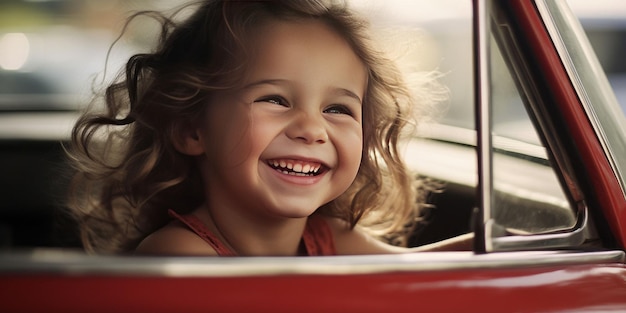 Niña feliz va a un viaje de verano en coche