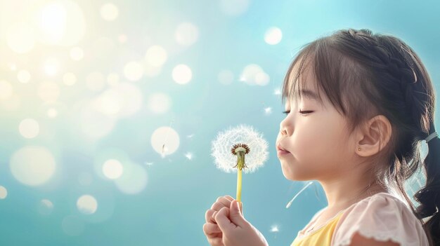 La niña con la flor del diente de león se siente libre naturaleza prado luz del sol