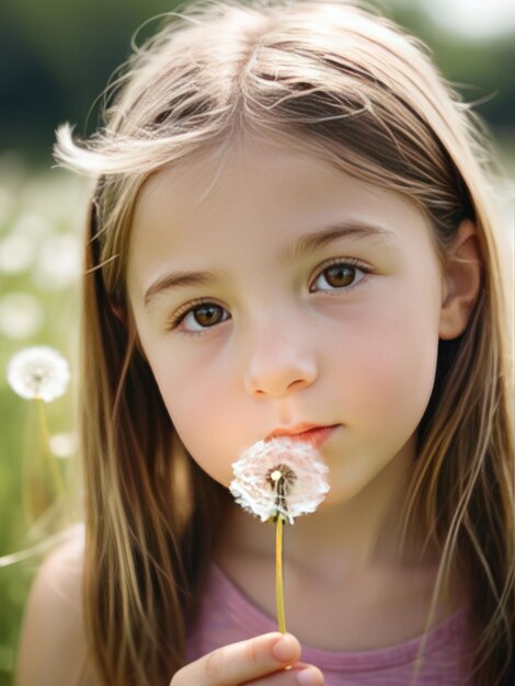 Foto niña con una flor de diente de león