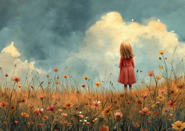 Foto niña flores de campo mirando el cielo impresionante soñador nubes hinchadas niño streaming libro triste aterrador vacío