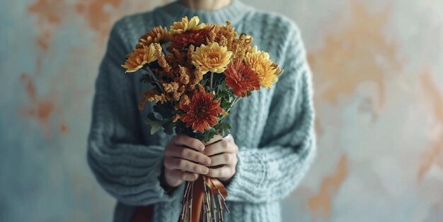 Niña con flores de crisantemo en las manos