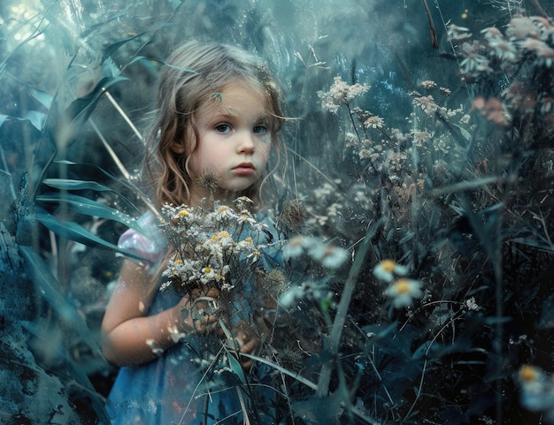 una niña con flores en las manos