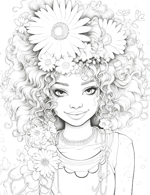 Foto niña con flores en su cabello rizado dibujo de página de colorear