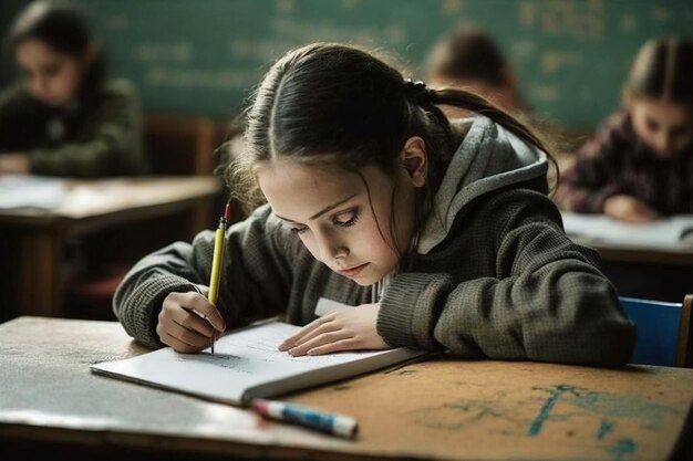 Una niña forcejea sobre su pupitre en una humilde escuela rural de América Latina IA generó