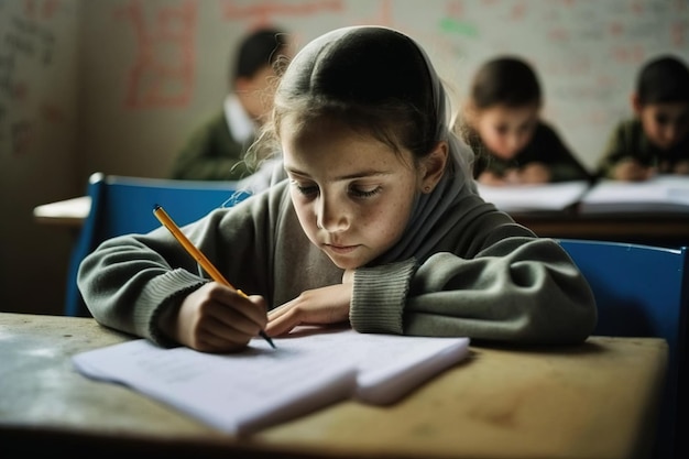 Una niña forcejea sobre su pupitre en una humilde escuela rural de América Latina IA generó