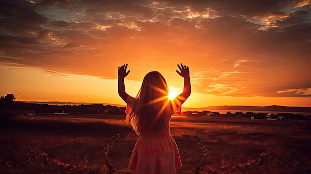 Niña formando corazón al atardecer desde atrás