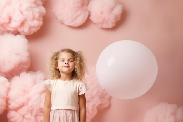 Una niña se para frente a bolas de algodón rosa.