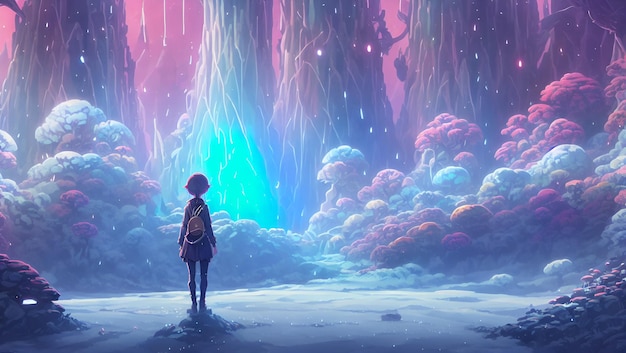 Una niña se para frente a un bosque y mira una luz azul y rosa.
