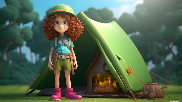 Una niña se para frente a una carpa con una carpa verde al fondo.