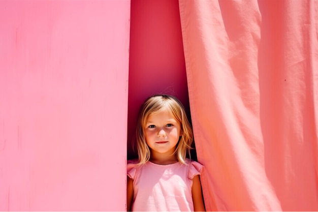 Una niña se para frente a una cortina rosa.