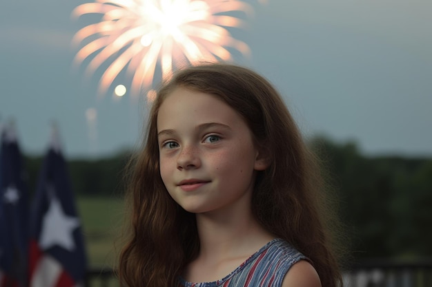 Foto una niña se para frente a un espectáculo de fuegos artificiales con la bandera estadounidense de fondo.