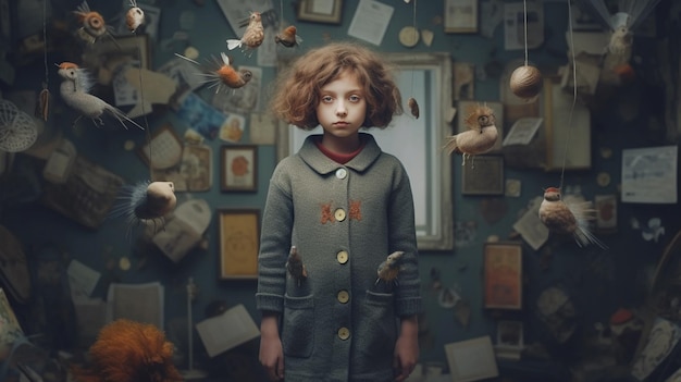 Una niña se para frente a una pared llena de libros y fotografías.