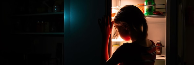 La niña se para frente a la puerta abierta del refrigerador IA generativa