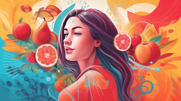 Una niña con frutas ilustración de fondo Arte generativo AI