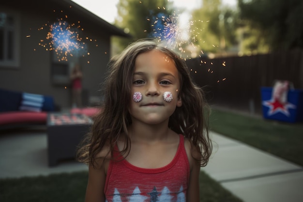 Una niña con fuegos artificiales en la cara.