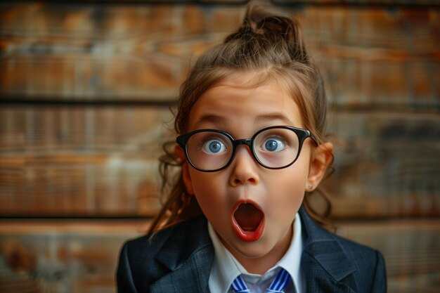 Niña con gafas abrumada por una idea sorprendente