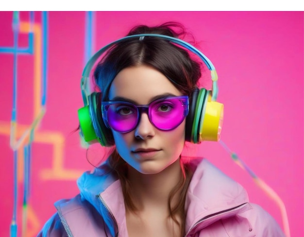 Niña con gafas y auriculares escucha música