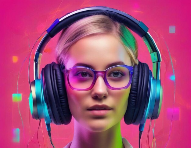 Niña con gafas y auriculares escucha música