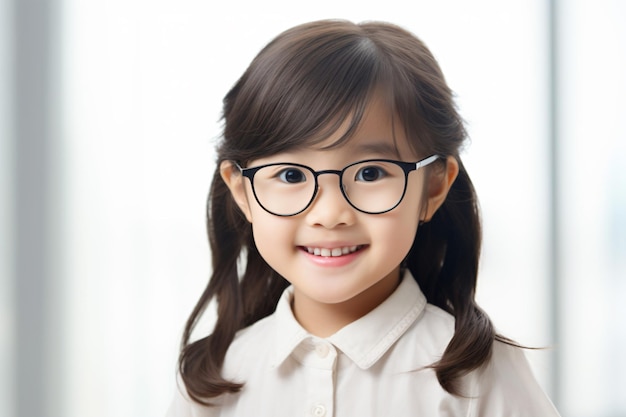 una niña con gafas y una camisa blanca