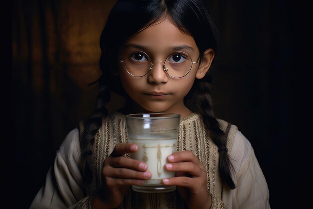 Una niña con gafas disfruta de su vaso de leche.