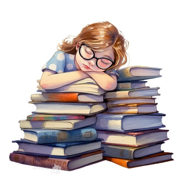 la niña con las gafas durmiendo en la pila de libros