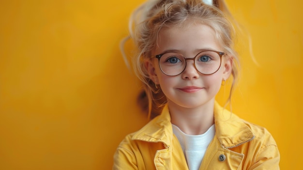 Niña con gafas junto a la pared amarilla