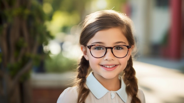 Una niña con gafas en el patio de la escuela IA generativa