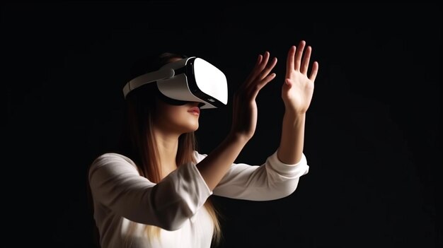 Niña con gafas de realidad virtual mientras toca el aire.
