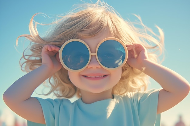 una niña con gafas de sol coloridas en el diseño de moda de verano en la playa