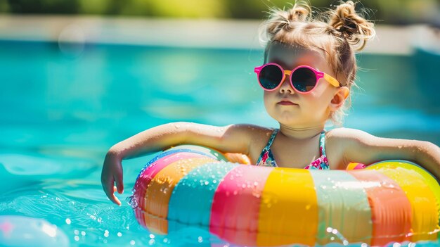 Una niña con gafas de sol en la piscina