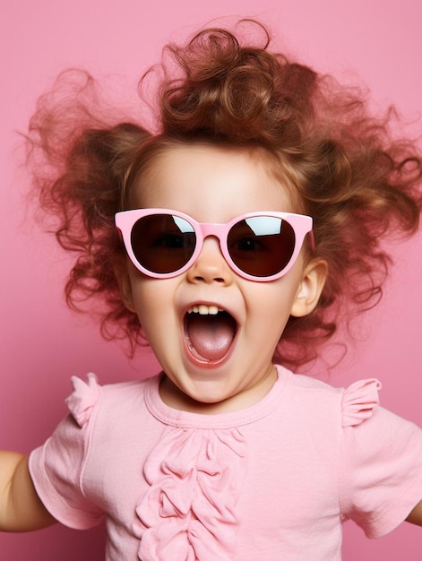 una niña con gafas de sol rosas haciendo una cara graciosa