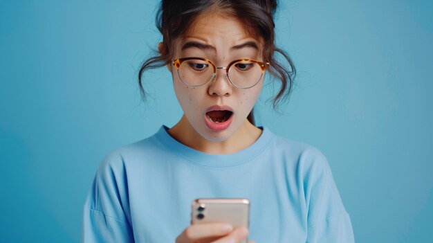 Niña con gafas sosteniendo un teléfono móvil