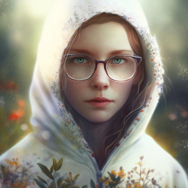 Una niña con gafas en una sudadera con capucha primavera Gokeh fondo Generativo ai ilustración