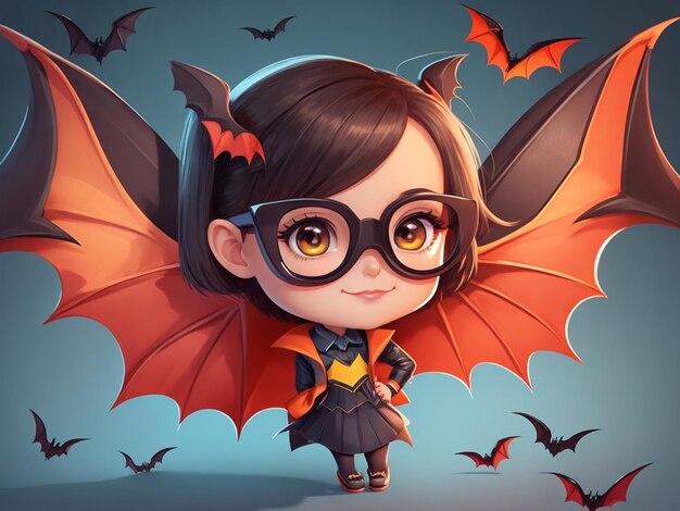 Niña con gafas tiene alas de murciélago forma modelo de juguete papel tapiz de dibujos animados lindo fondo de ilustración