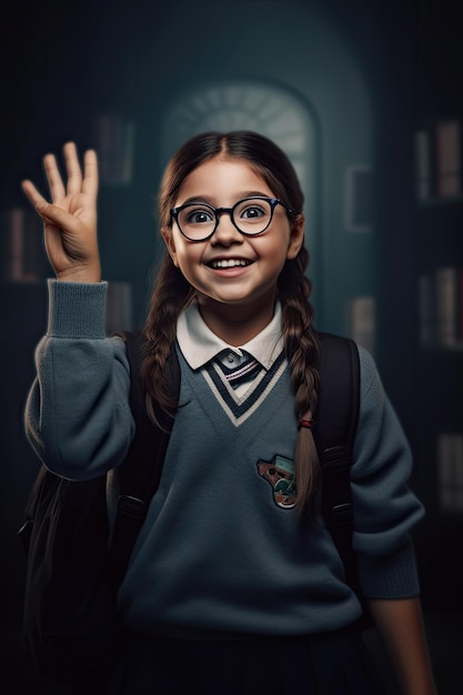 Una niña con gafas y uniforme escolar sonríe y saluda a la cámara.