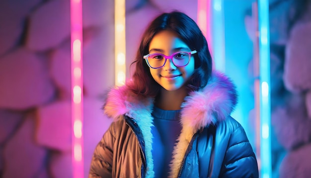 Niña con gafas vestida a la moda al estilo cyberpunk apoyándose en la pared con luces de neón copia el espacio