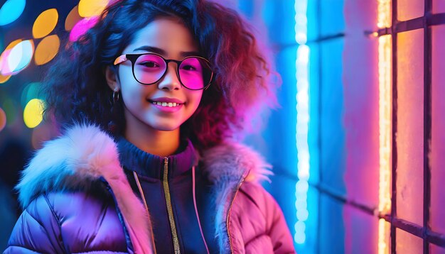 Niña con gafas vestida a la moda al estilo cyberpunk apoyándose en la pared con luces de neón copia el espacio