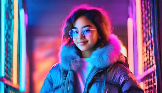 Niña con gafas vestida a la moda al estilo cyberpunk apoyándose en la pared con luces de neón copia el espacio