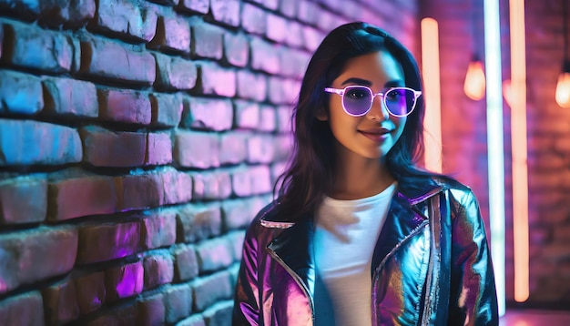 Niña con gafas vestida a la moda al estilo cyberpunk apoyándose en la pared con luces de neón copia el espacio