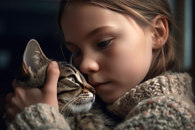 Una niña con un gato en brazos Generative Ai