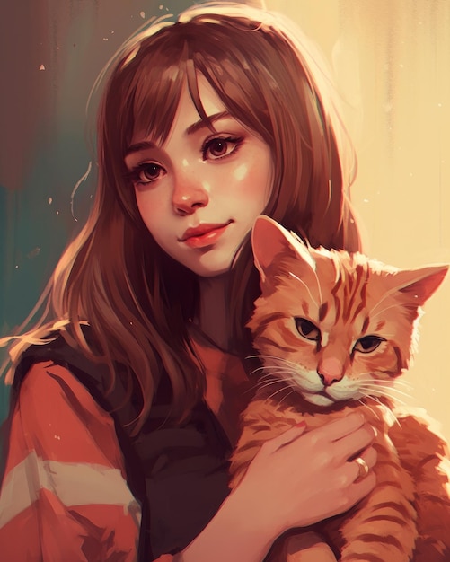 Una niña y un gato en un estilo de dibujos animados.