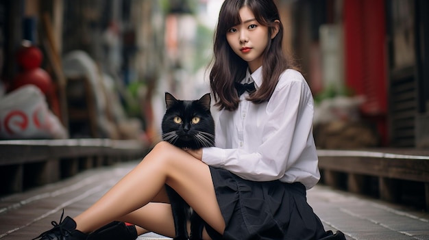 una niña con un gato negro en su regazo
