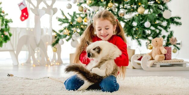 Niña con gato ragdoll en Navidad sentado en el suelo, abrazando a la mascota y sonriendo. Niño bonito con animal doméstico en casa en año nuevo con árbol decorado