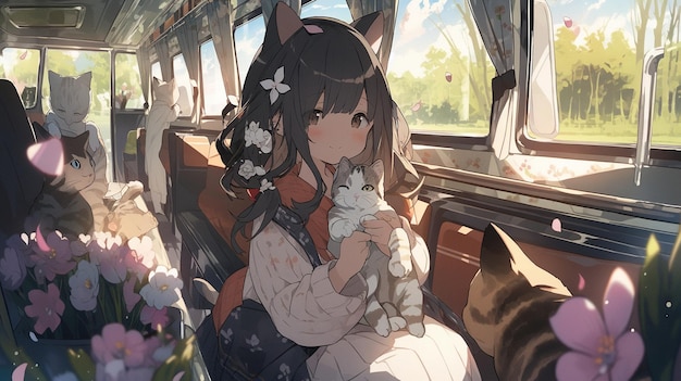 Una niña con un gato en el regazo se sienta en un autobús.