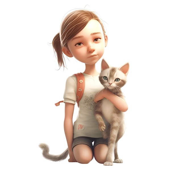 Niña con un gato en una representación 3d de fondo blanco