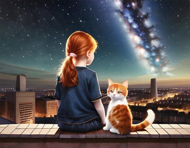Niña y gato sentados en el techo de la casa mirando el cielo nocturno