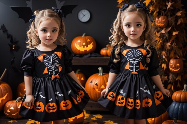 Foto una niña gemela con un vestido de halloween