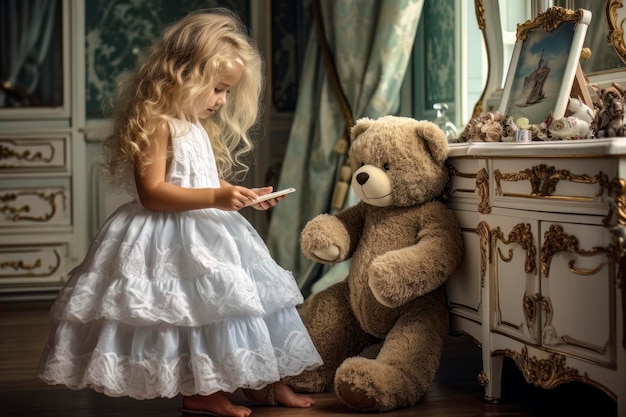 La niña de la generación moderna con el oso de peluche absorta en el teléfono inteligente